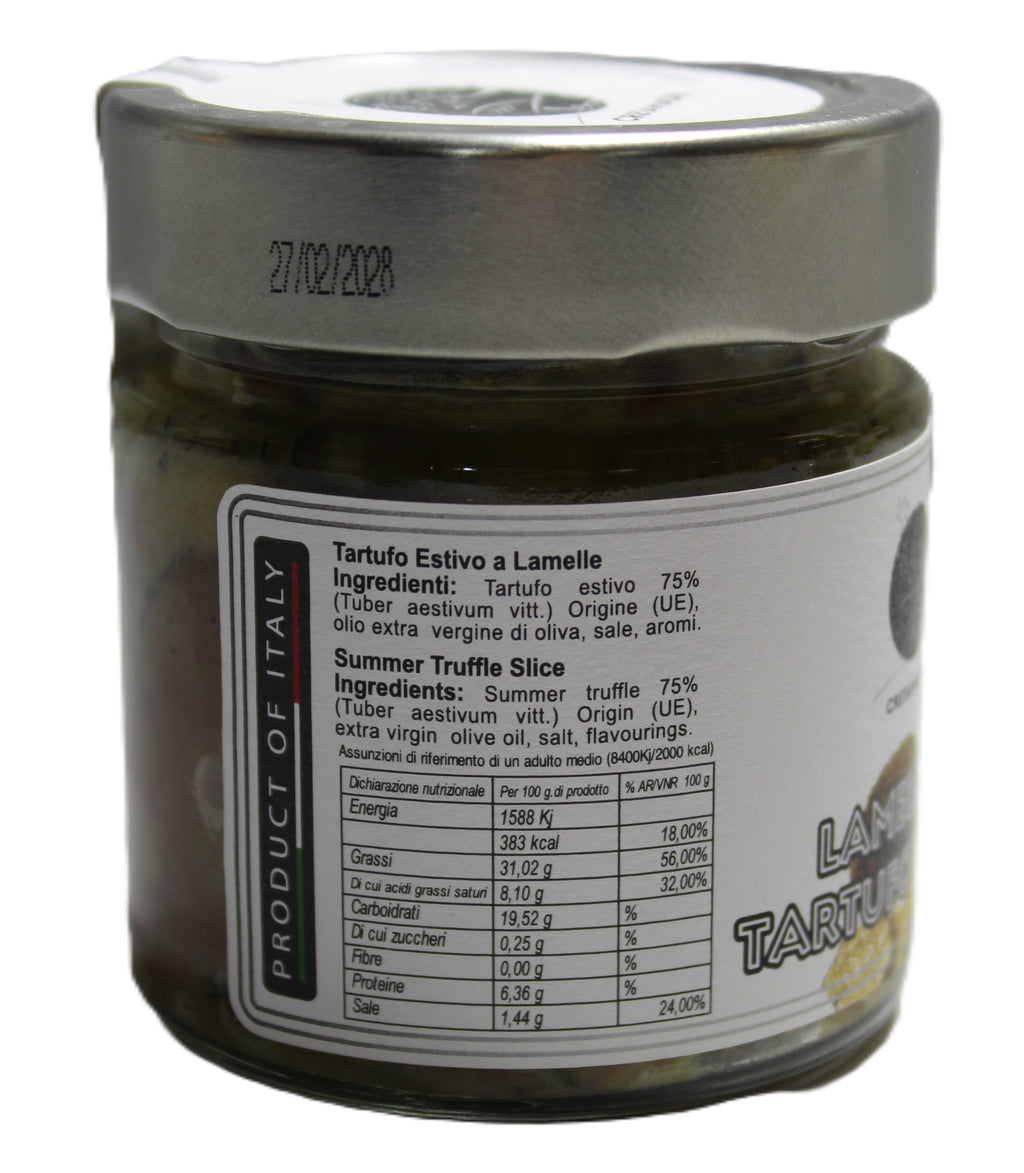 Summer Truffle Slices in Extra Virgin Olive Oil, Italian Gourmet Lamelle di Tartufo Estivo, Truffle Carpaccio, Rich & Aromatic Black Truffle Shavings, Premium Made in Italy Condiment, 7.05 oz