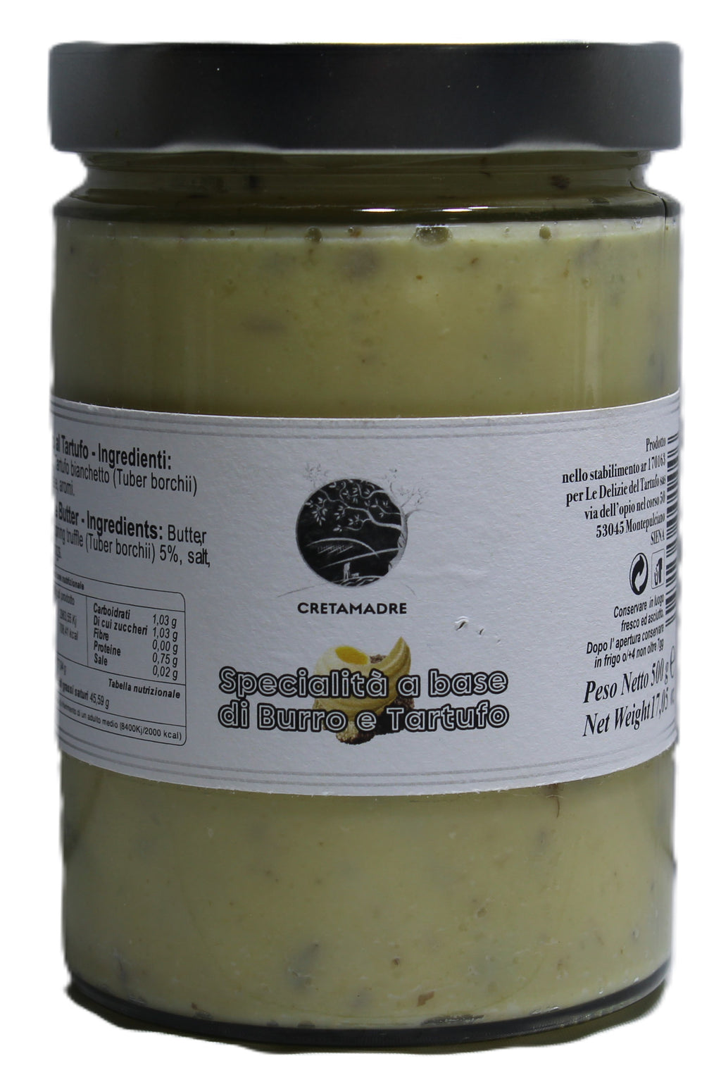 Cretamadre Premium Italian White Truffle Butter, Made with Tuber Borchii Truffles, 17.05 oz Glass Jar, Gourmet Specialty Spread from Montepulciano, Italy.