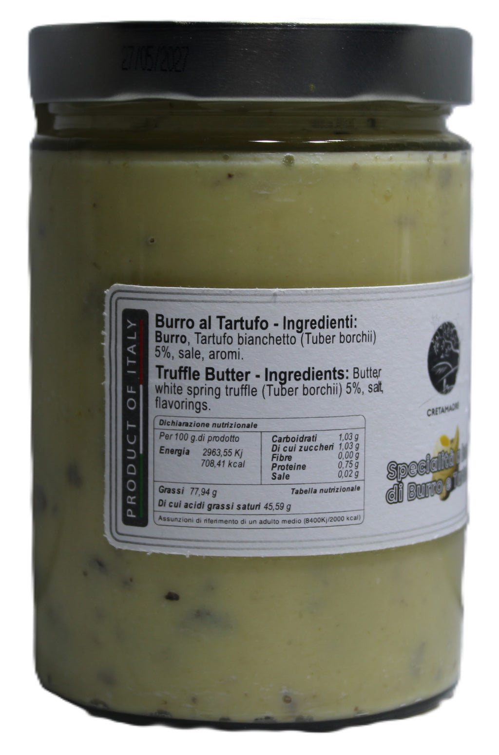 Cretamadre Premium Italian White Truffle Butter, Made with Tuber Borchii Truffles, 17.05 oz Glass Jar, Gourmet Specialty Spread from Montepulciano, Italy.
